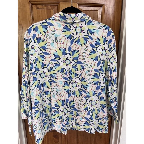 JM Collection 100% Linen Long Sleeve Button Down Shirt Blue Floral Women 18 EUC - Picture 4 of 7